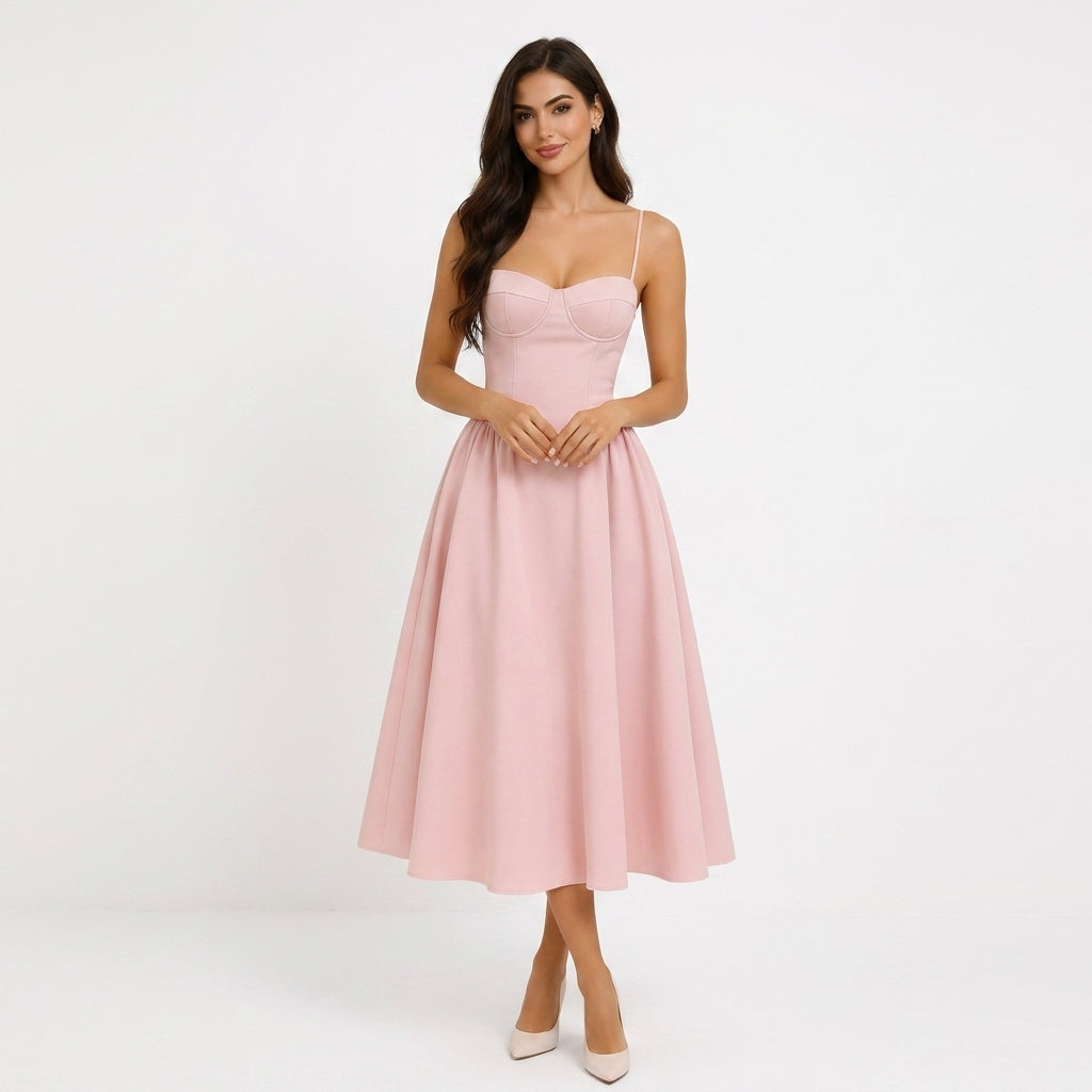Pink Corset A-Line Midi Dress – full-length front view