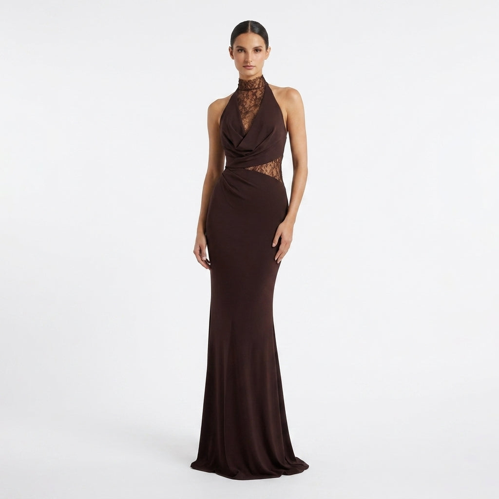 Brown Halter Lace Maxi Dress – front view, full length