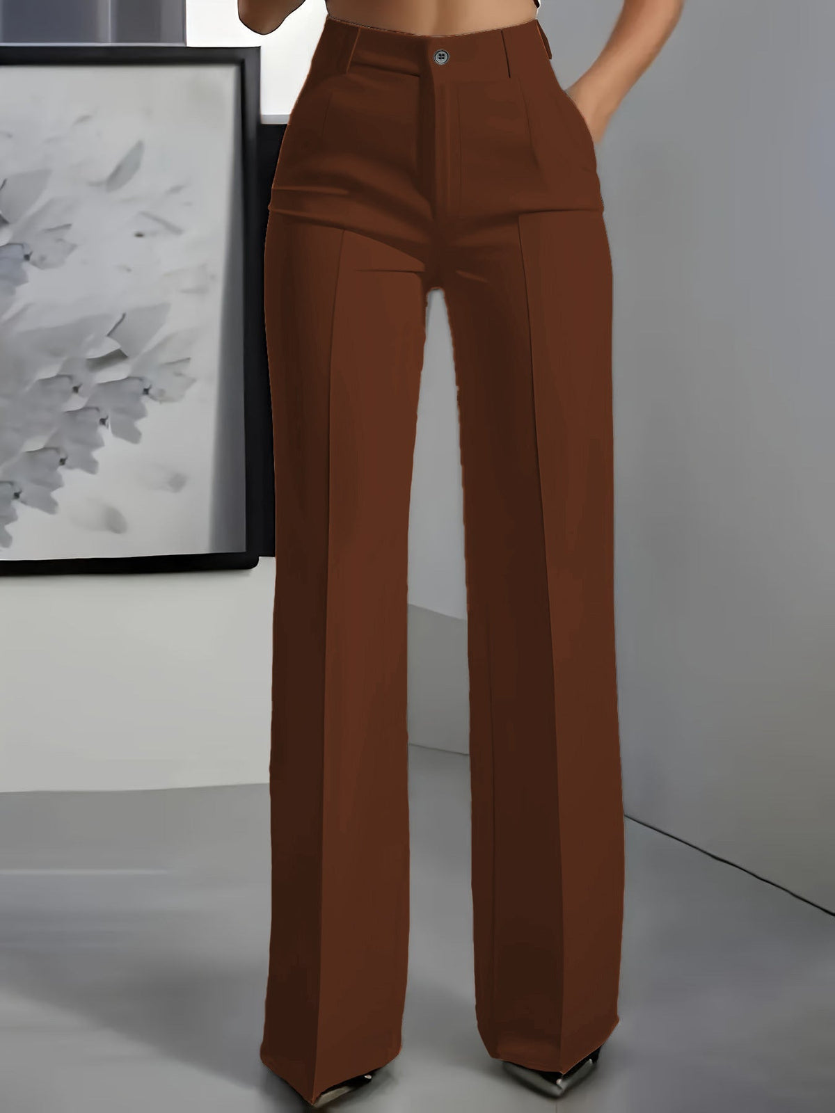 High Waisted Pleated Straight Leg Trousers – Brown