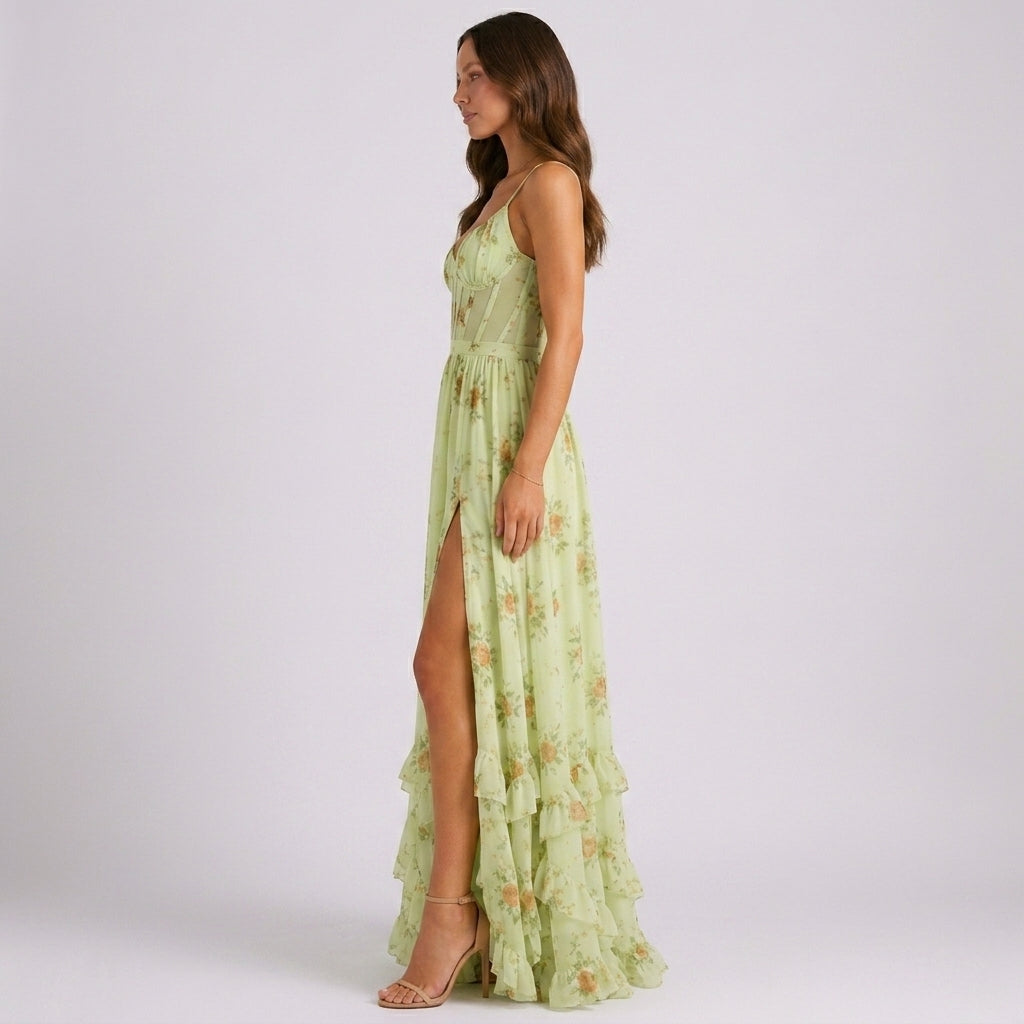 Floral Corset Maxi Dress with Ruffle Hem in Green – side view showing side split