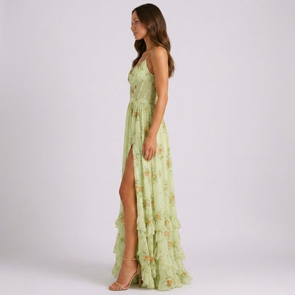 Floral Corset Maxi Dress with Ruffle Hem in Green – side view showing side split