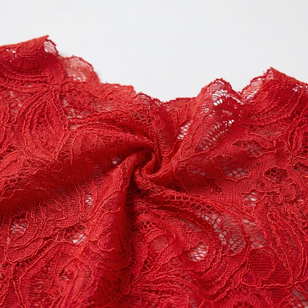 Lace High Neck Top & Maxi Skirt Set in Red – close-up of lace fabric