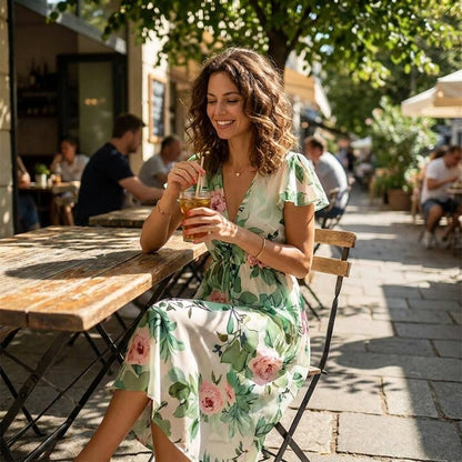 Green Floral Flutter Sleeve Midi Dress – lifestyle shot seated at a cafe