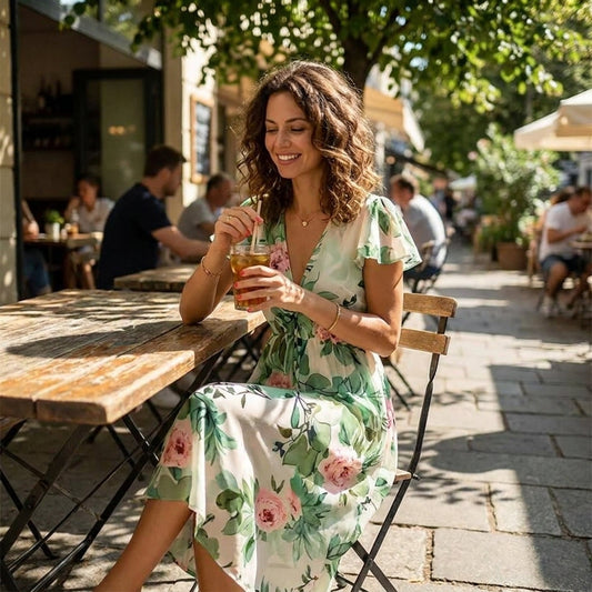 Green Floral Flutter Sleeve Midi Dress – lifestyle shot seated at a cafe
