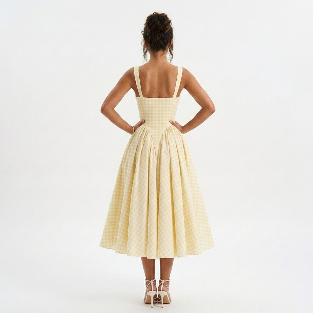 Gingham Square Neck Midi Dress in Yellow – back view with hands on waist