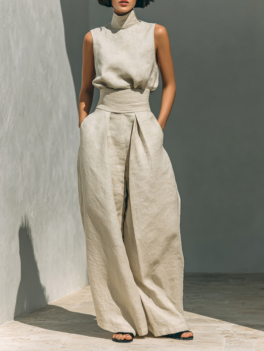 Sleeveless Blouse and Wide Leg Pants Set – Khaki