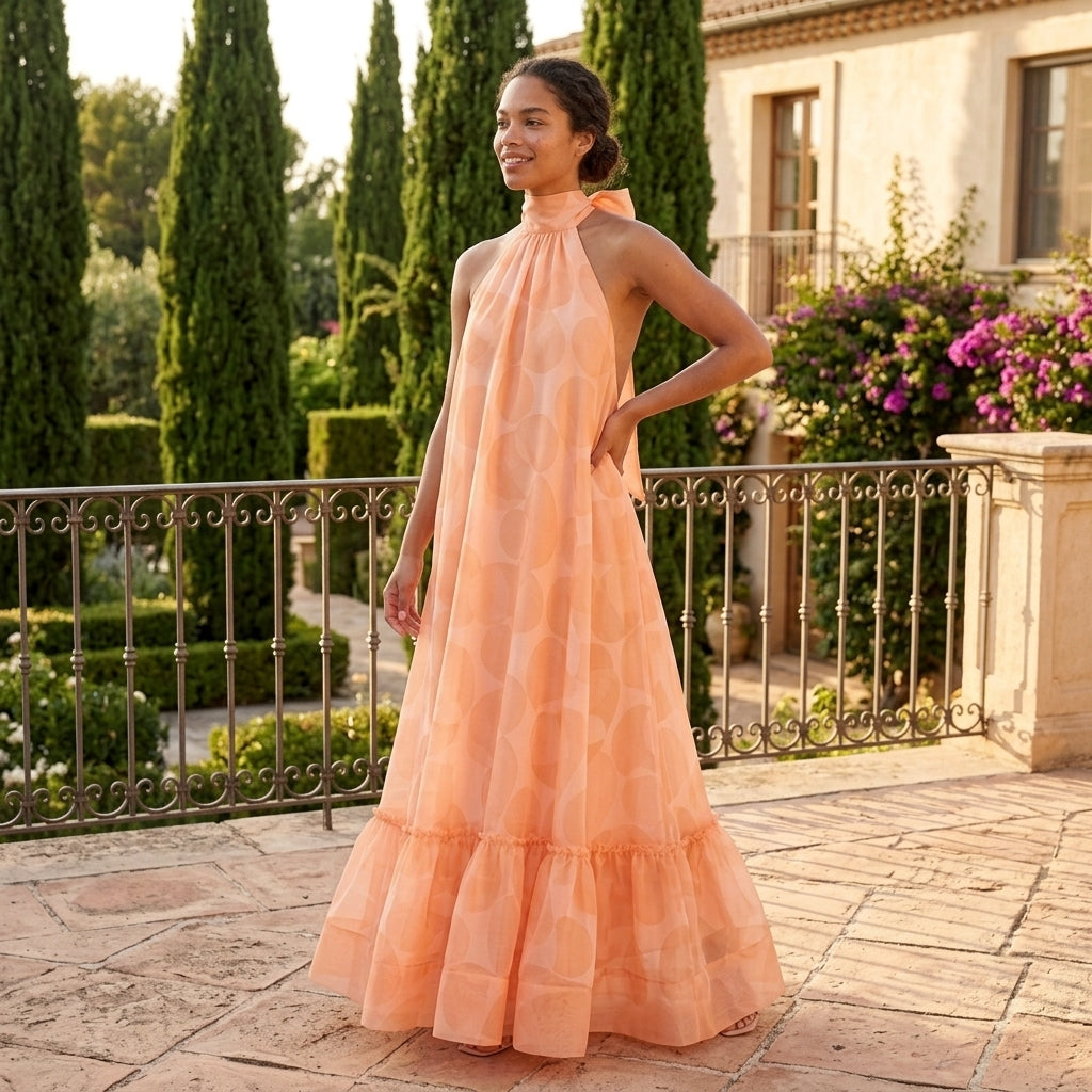 Orange Print Halter Maxi Dress – lifestyle view on a terrace