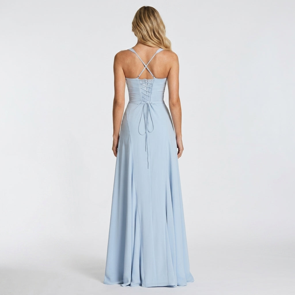 Blue Sweetheart Corset Mermaid Maxi Dress – back view showing lace-up back