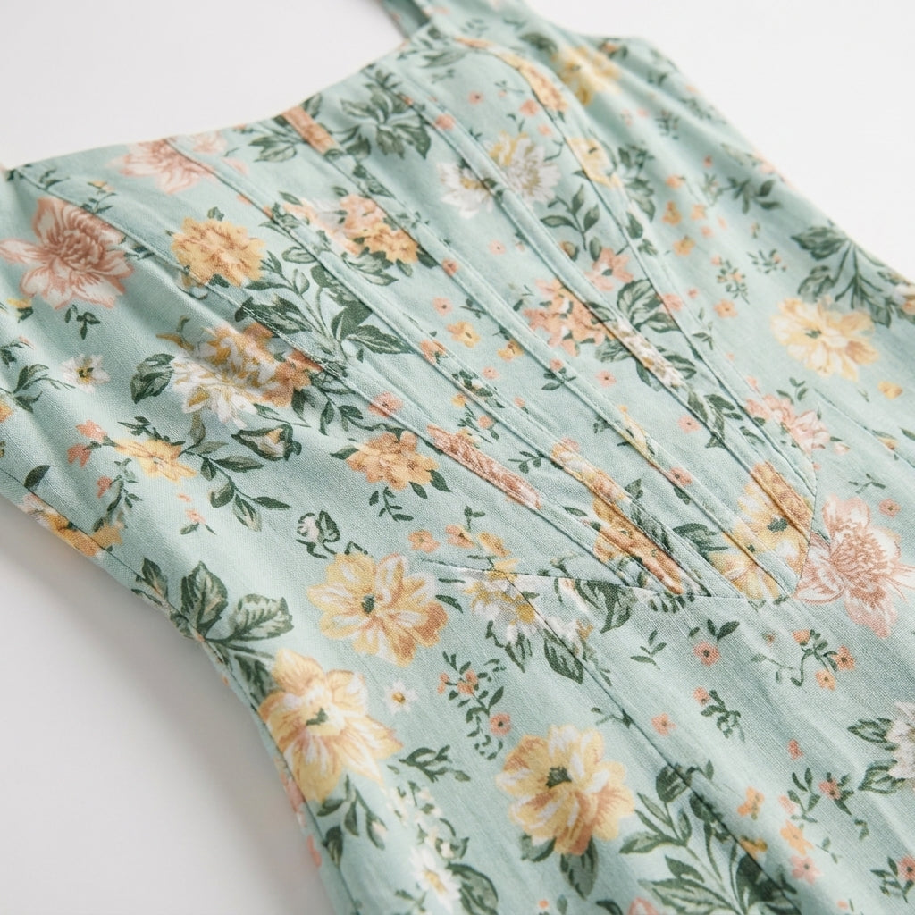 Corset Square Neck Midi Dress with Side Slit in Mint Floral – close-up of seamed bodice