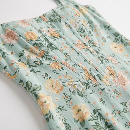 Corset Square Neck Midi Dress with Side Slit in Mint Floral – close-up of seamed bodice