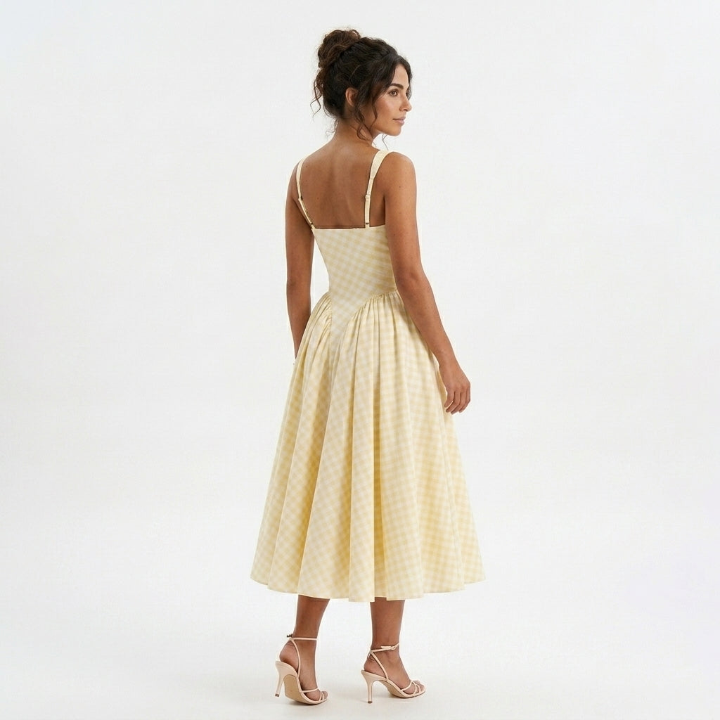 Gingham Square Neck Midi Dress in Yellow – three-quarter back view