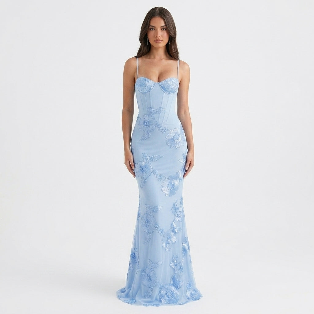 Baby Blue Floral Appliqué Corset Maxi Dress – front view, full length