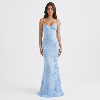 Baby Blue Floral Appliqué Corset Maxi Dress – front view, full length