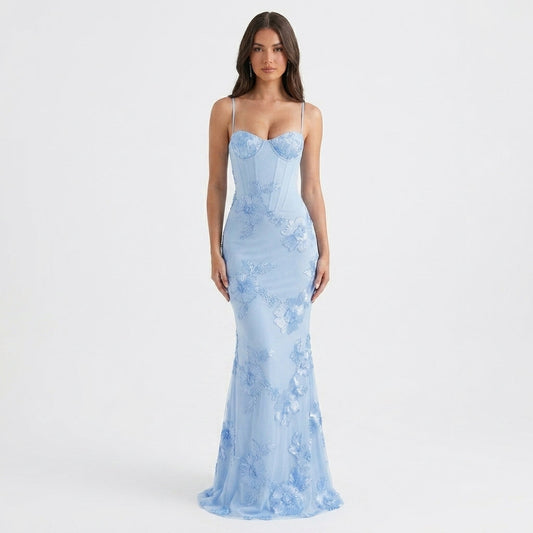 Baby Blue Floral Appliqué Corset Maxi Dress – front view, full length