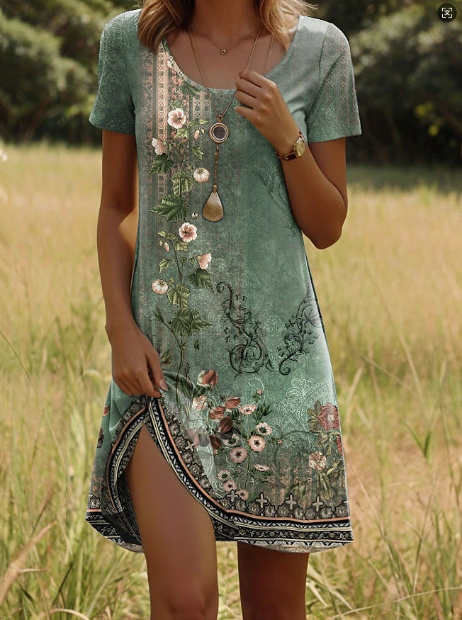 Boho Print Midi Dress with Adjustable Straps – Light Green