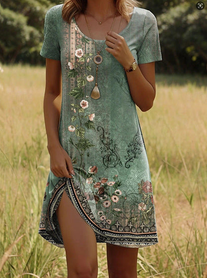 Boho Print Midi Dress with Adjustable Straps – Light Green