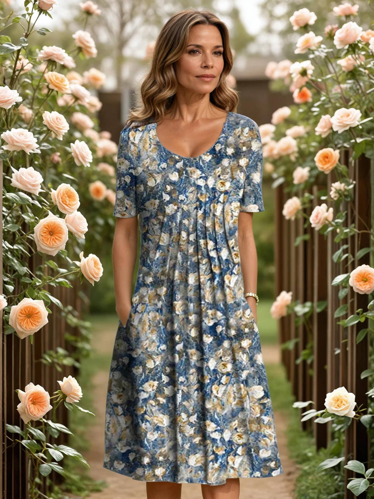 Floral Pleated A-Line Midi Dress with Pockets – Light Blue Floral