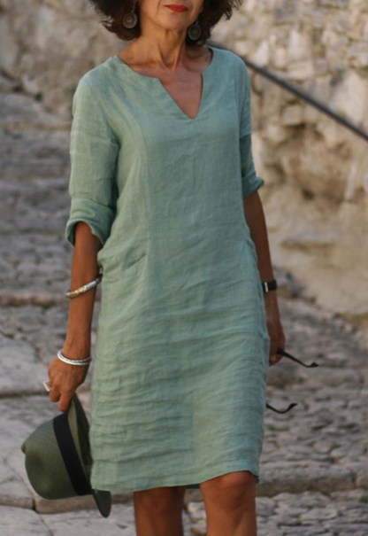 V-Neck Short Sleeve Relaxed Midi Dress – Light Green
