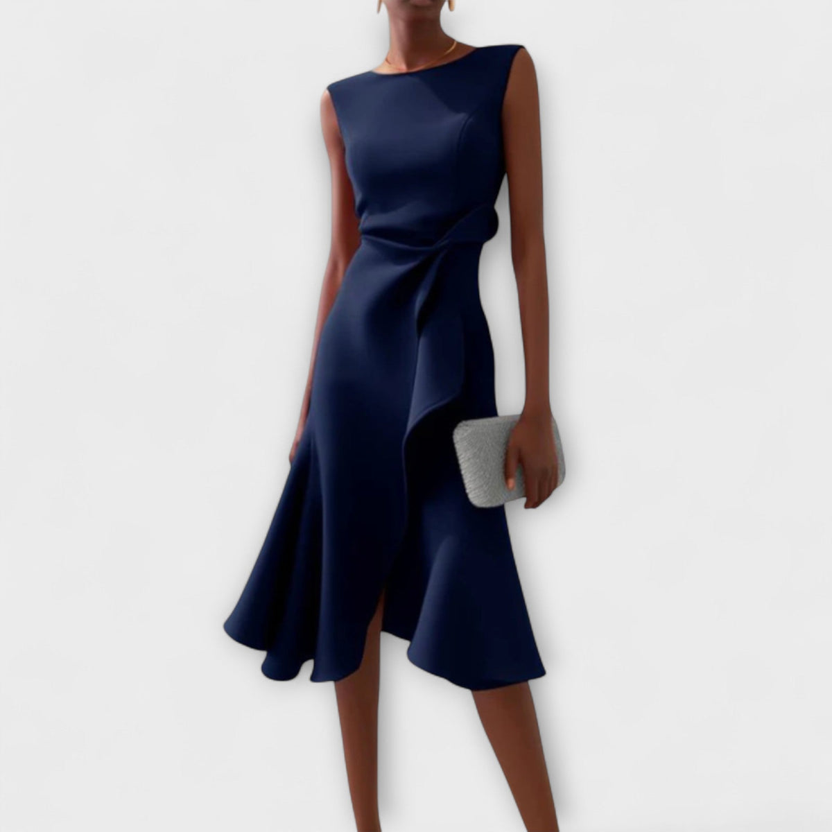 Draped Asymmetric Sleeveless Midi Dress – Navy