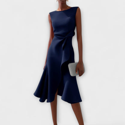 Draped Asymmetric Sleeveless Midi Dress – Navy