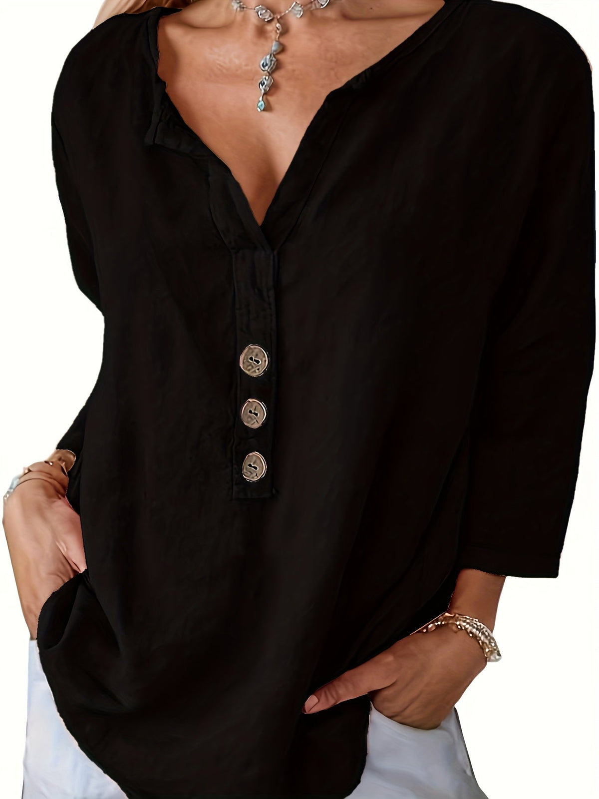 Cotton V-Neck Button Detail Blouse – Black