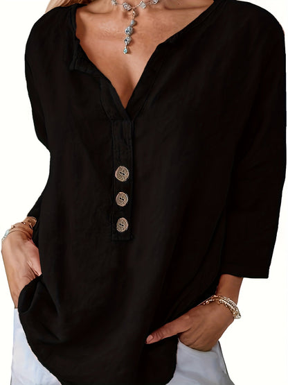 Cotton V-Neck Button Detail Blouse – Black
