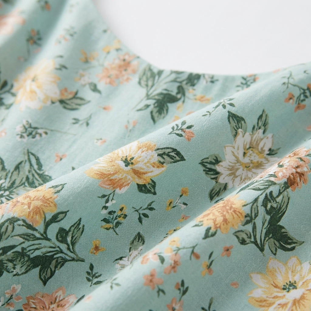 Corset Square Neck Midi Dress with Side Slit in Mint Floral – close-up of floral fabric
