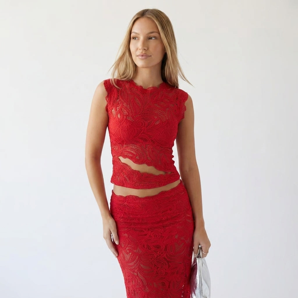 Lace High Neck Top & Maxi Skirt Set in Red – three-quarter front view
