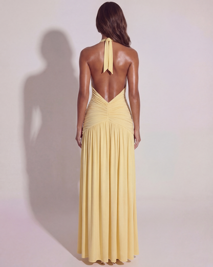 Butter Yellow Plunge Halter Maxi Dress – full-length back view with halter tie