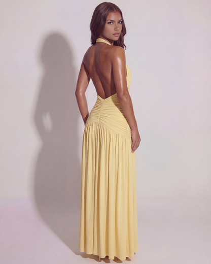 Butter Yellow Plunge Halter Maxi Dress – back view showing low V-back