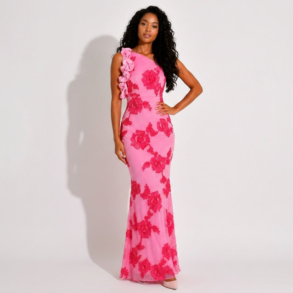 Pink Floral Embroidered One-Shoulder Maxi Dress – front view, full length