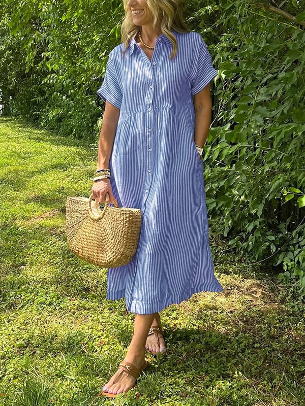 Striped Lapel Collar Button Shirt Dress – view 3