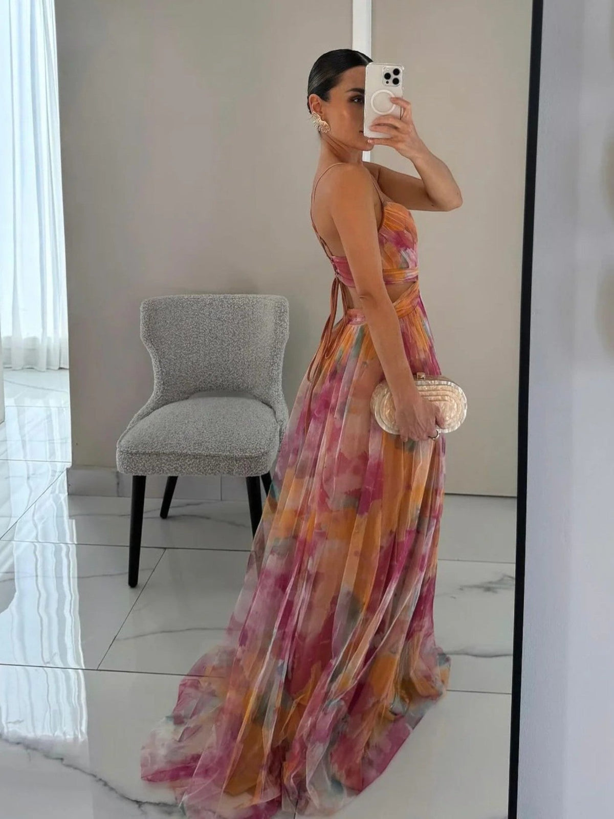 Watercolour Floral V-Neck Maxi Dress in Orange – side view showing open back