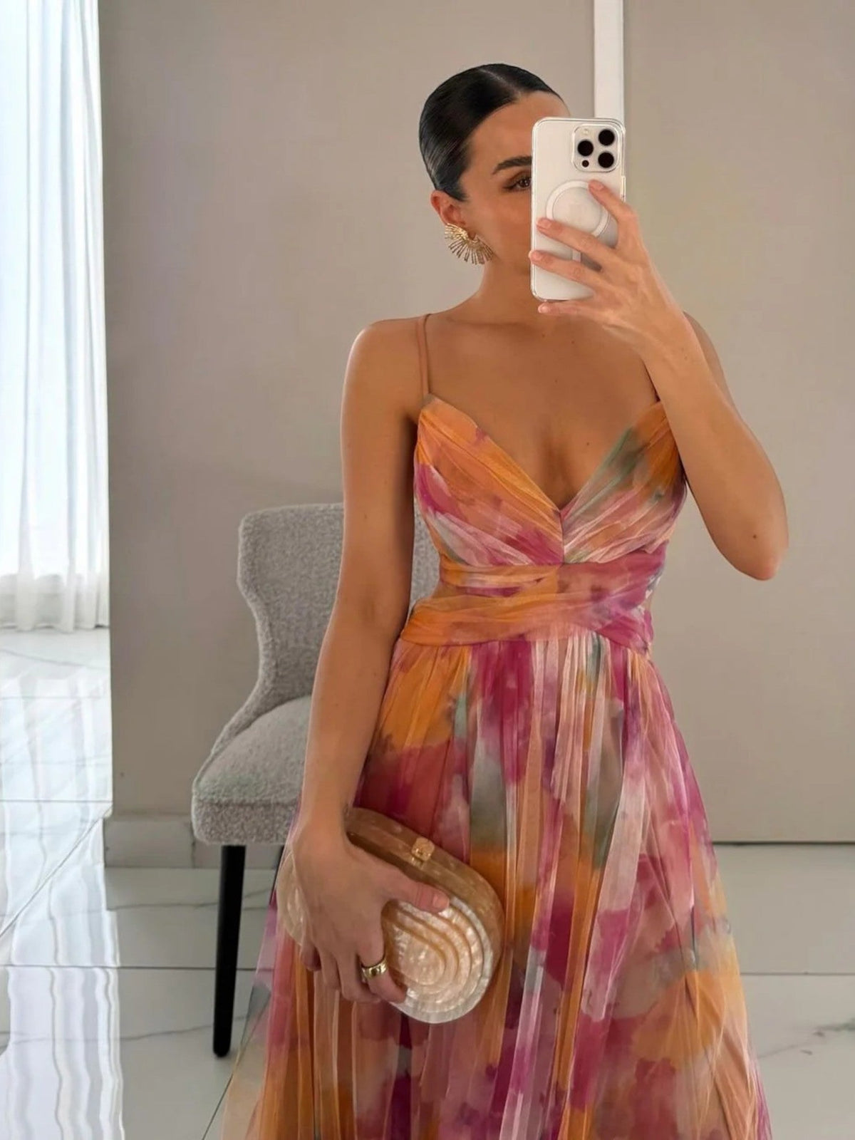 Watercolour Floral V-Neck Maxi Dress in Orange – front close-up of V-neckline