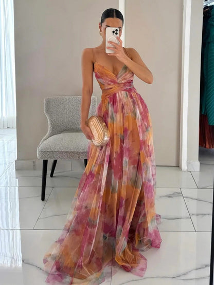 Watercolour Floral V-Neck Maxi Dress in Orange – front view, full length