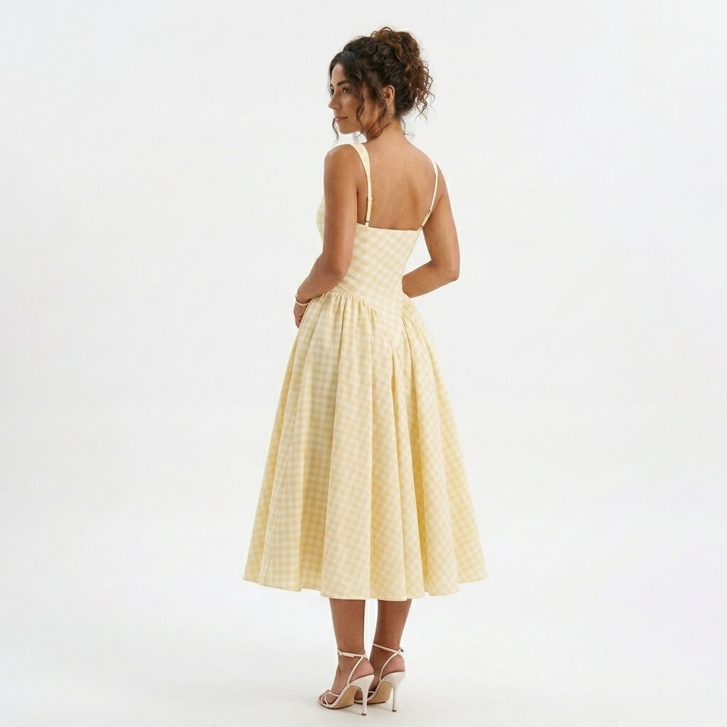 Gingham Square Neck Midi Dress in Yellow – back view over the shoulder