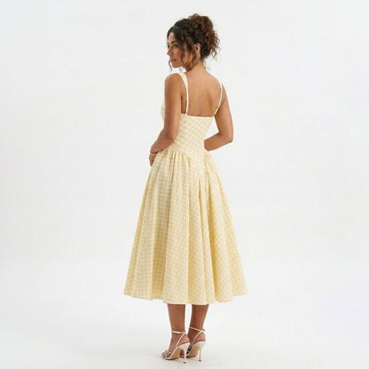 Gingham Square Neck Midi Dress in Yellow – back view over the shoulder