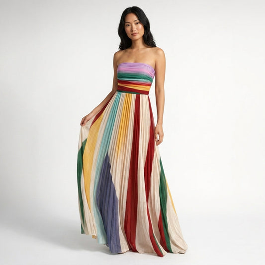 Multicolour Striped Strapless Maxi Dress – full-length front view