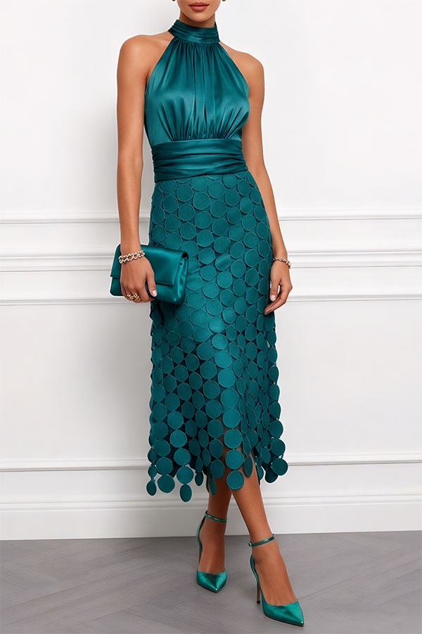 Textured Halter Neck Midi Dress – Dark Green