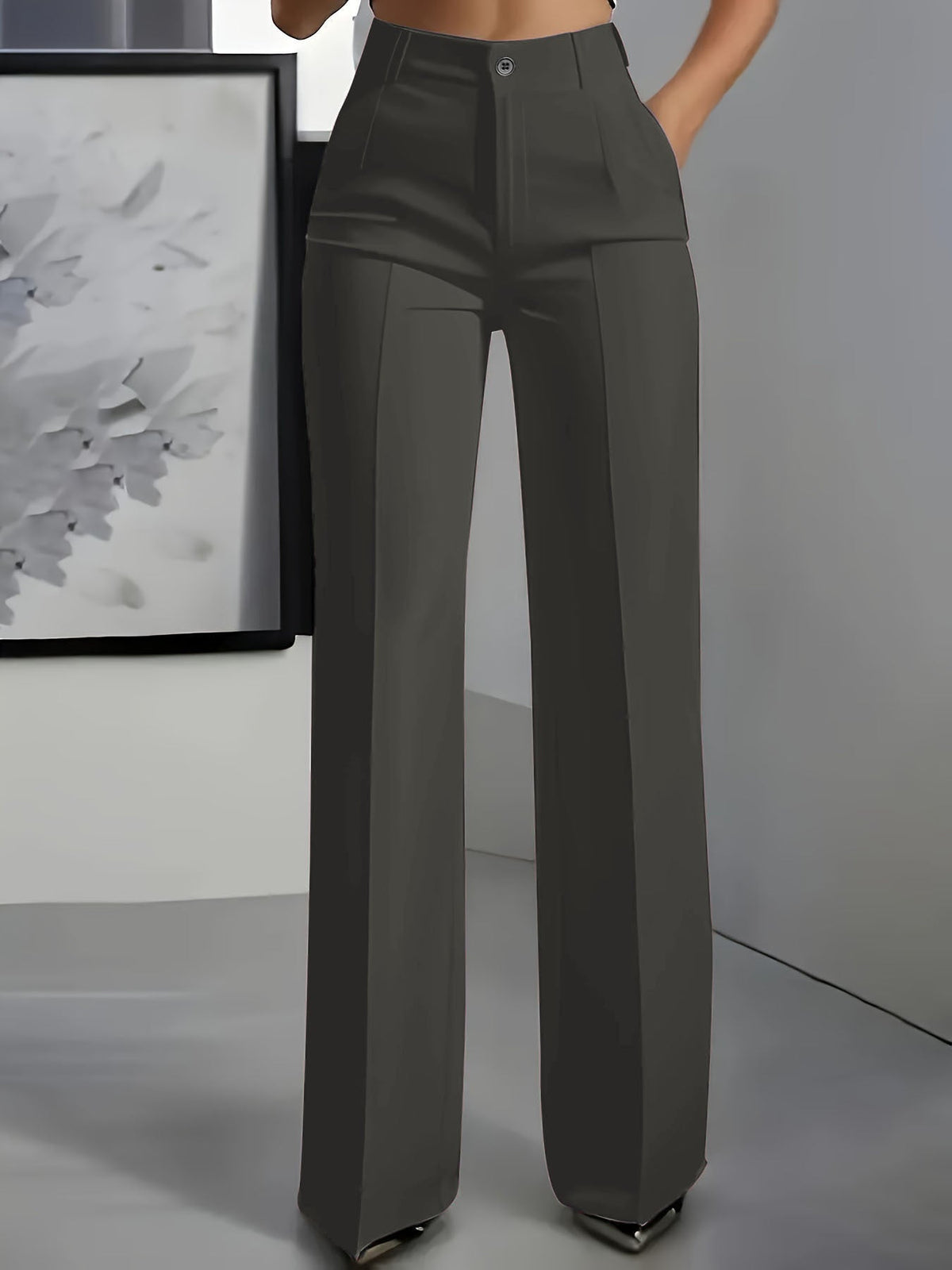 High Waisted Pleated Straight Leg Trousers – Dark Grey