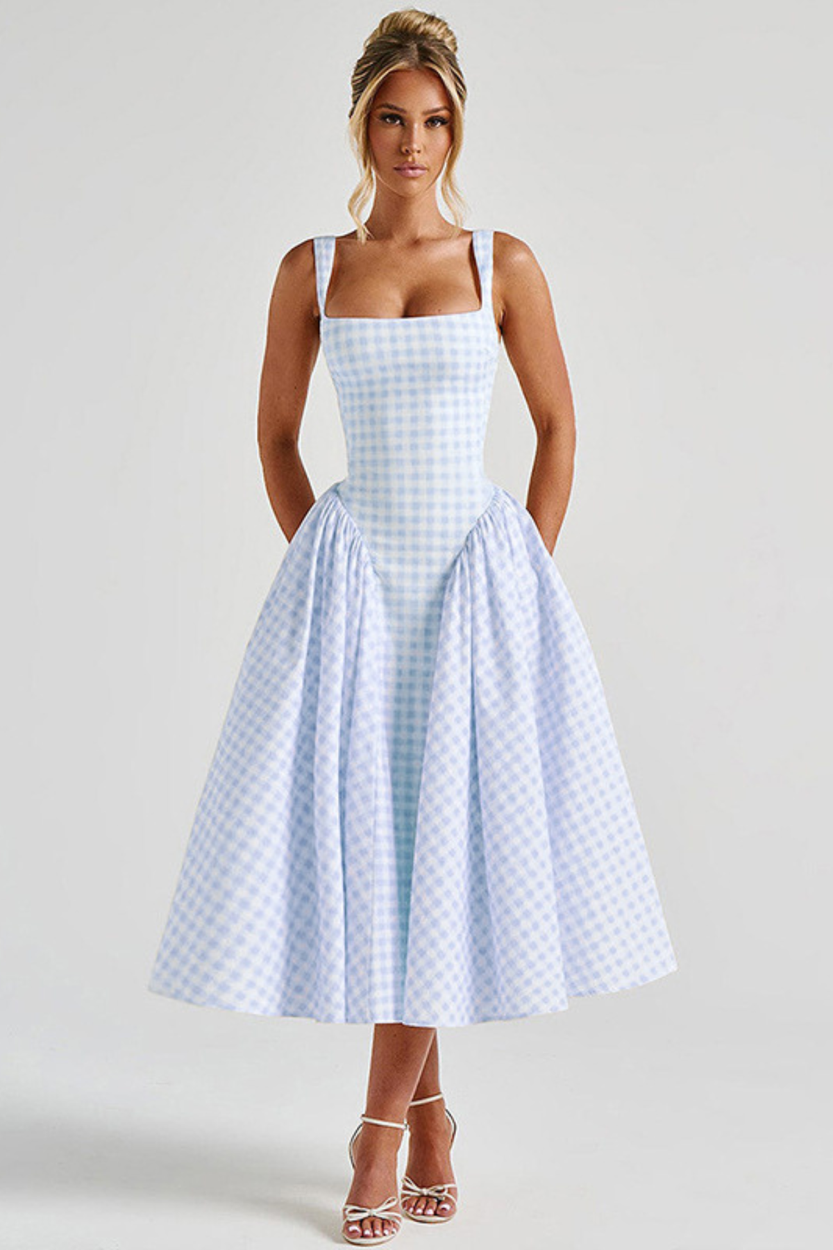 Gingham Square Neck Midi Dress in Blue – full-length front view