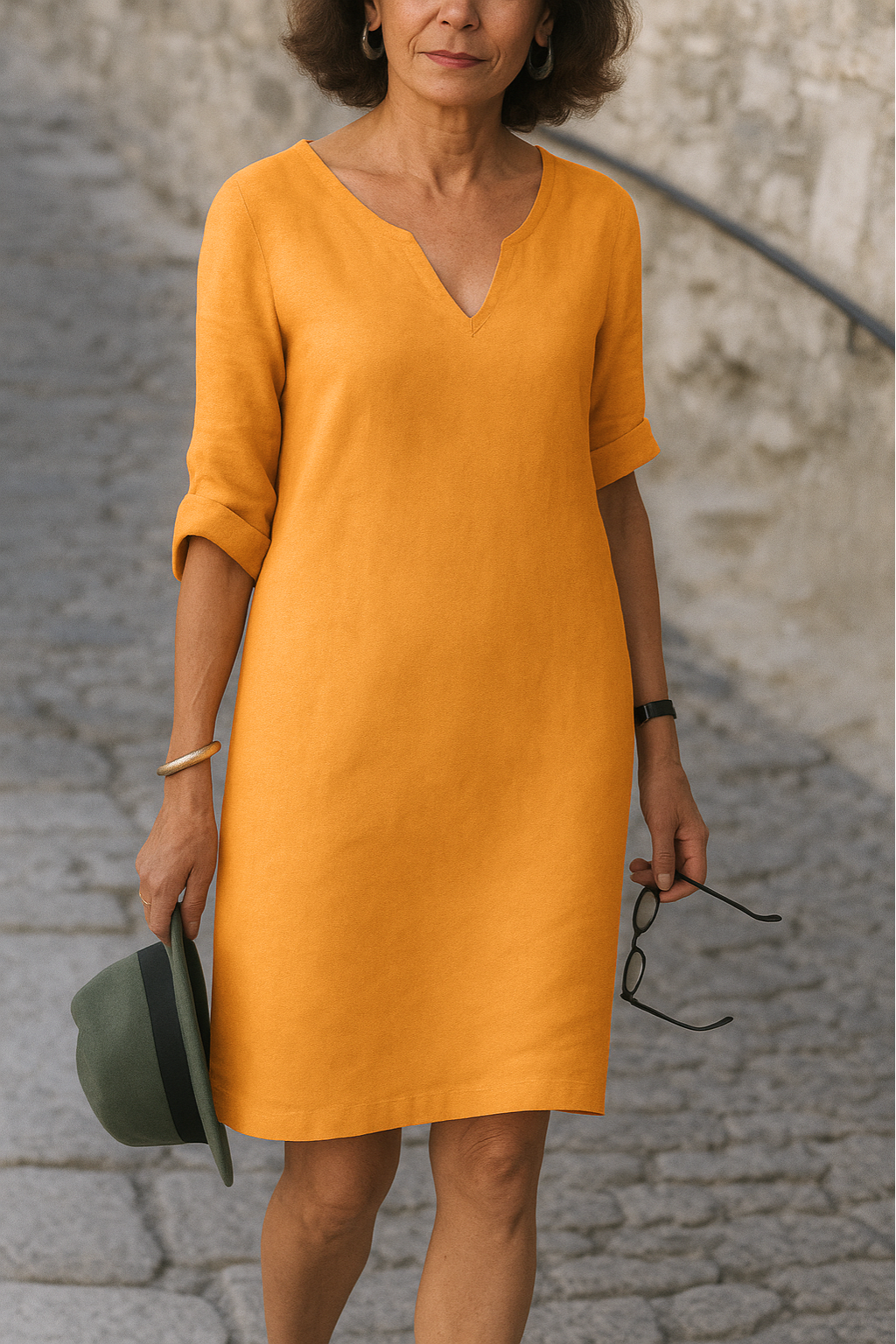V-Neck Short Sleeve Relaxed Midi Dress – Orange