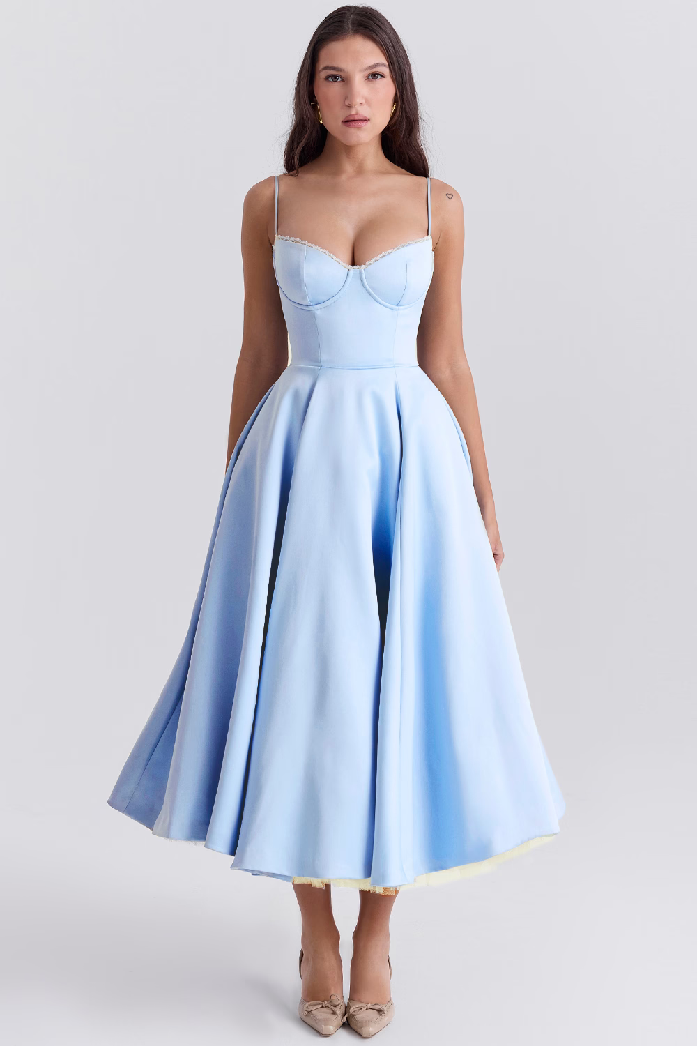 Satin Tulle Skirt Midi Dress with Pockets – Blue