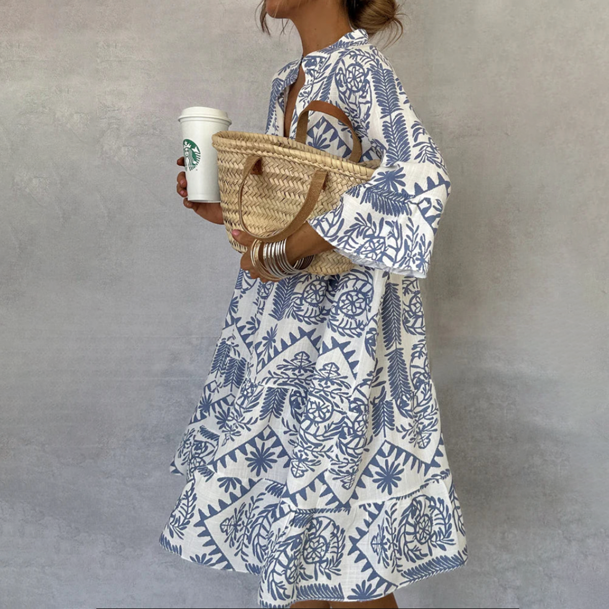 V-Neck 3/4 Sleeve Shift Dress – Blue