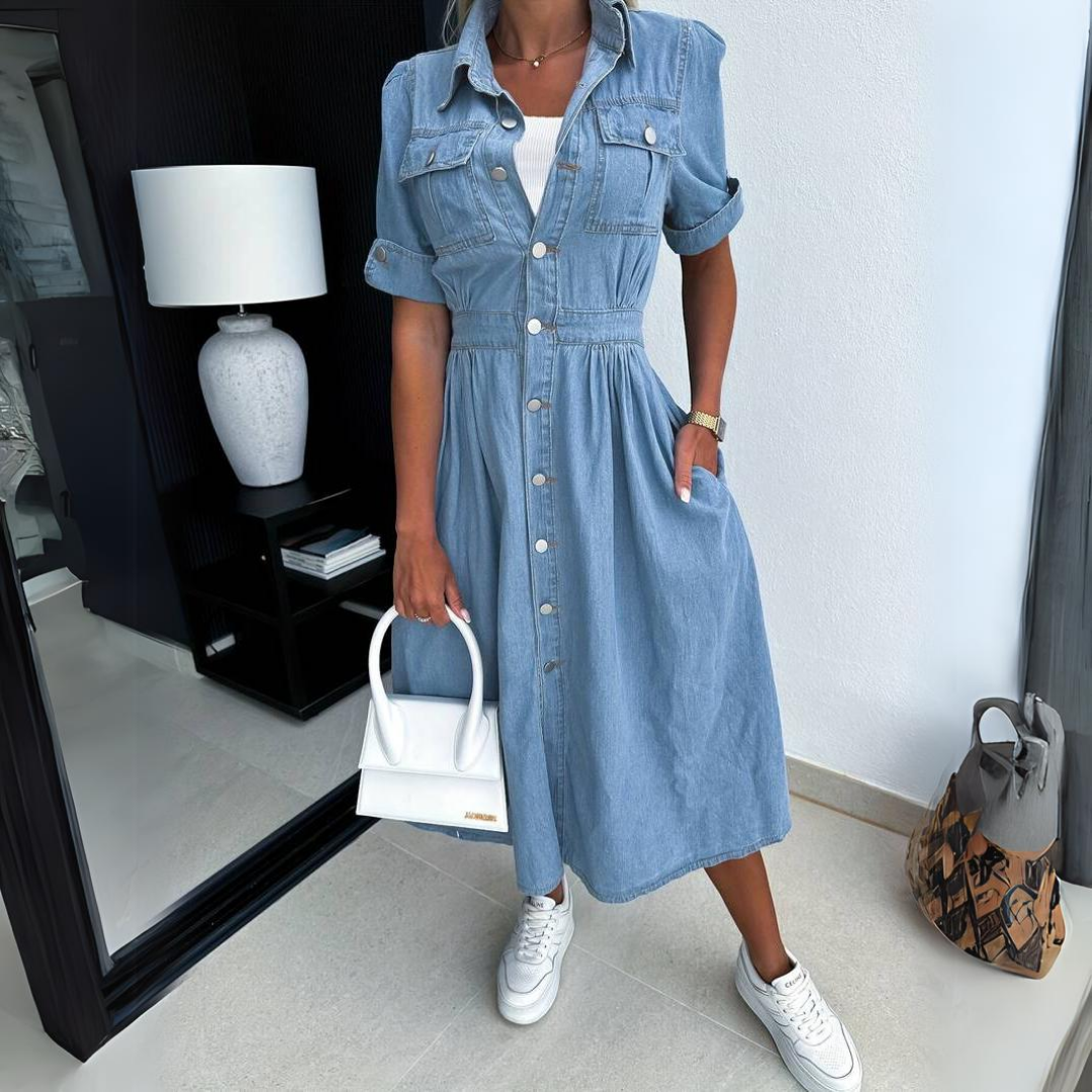 Button Front Short Sleeve Shirt Midi Dress