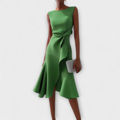Draped Asymmetric Sleeveless Midi Dress – Green