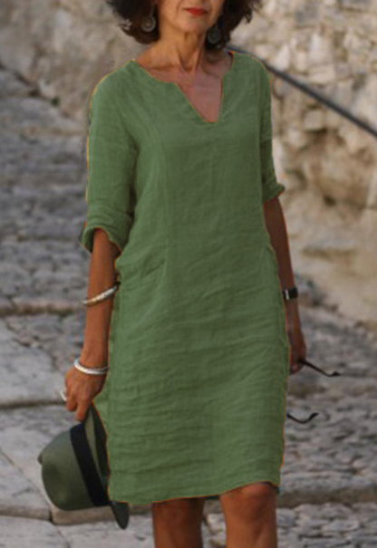 V-Neck Short Sleeve Relaxed Midi Dress – Green