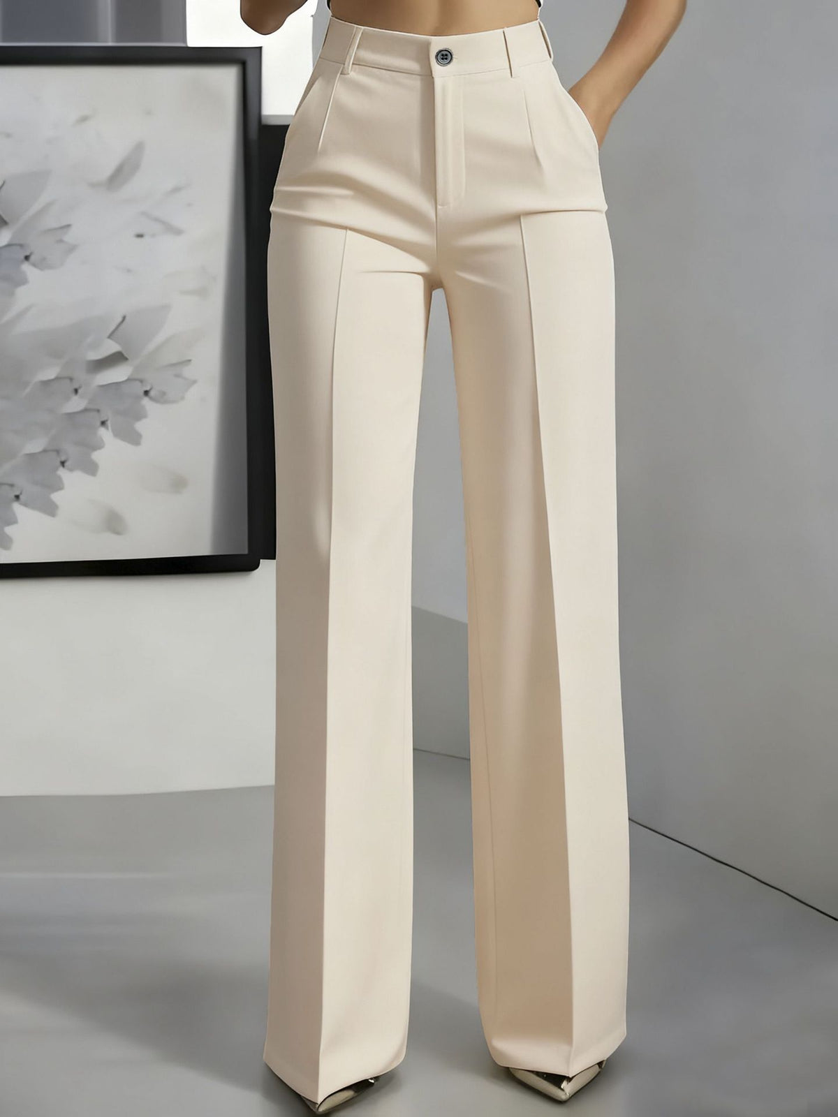 High Waisted Pleated Straight Leg Trousers – Apricot