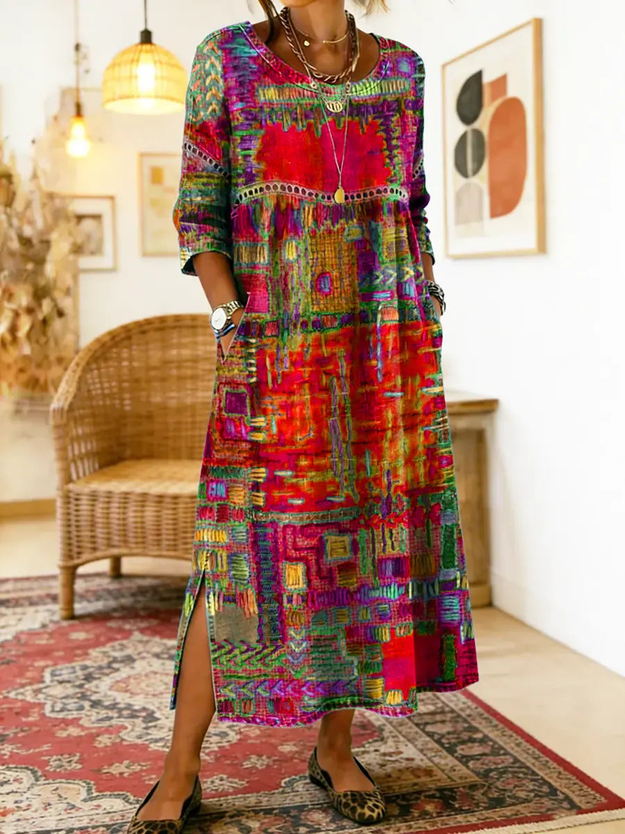 Ethnic Print Patchwork Maxi Dress – Red