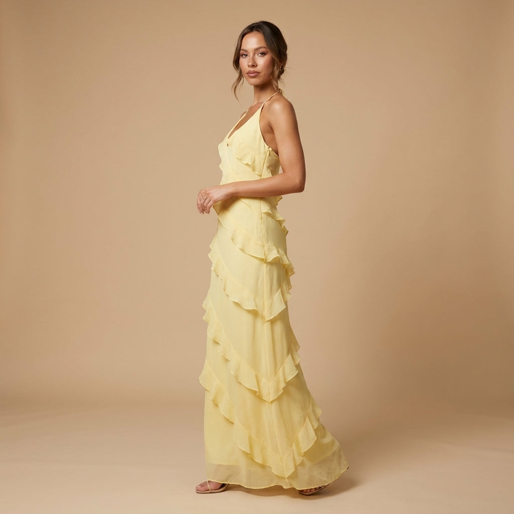 Yellow Tiered Ruffle Maxi Dress – side view